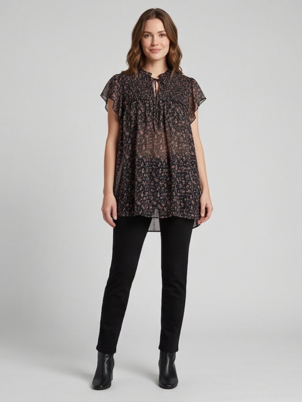 Haver London Black Ditsy Floral Smocked Blouse | Sheer Flutter Sleeve Top